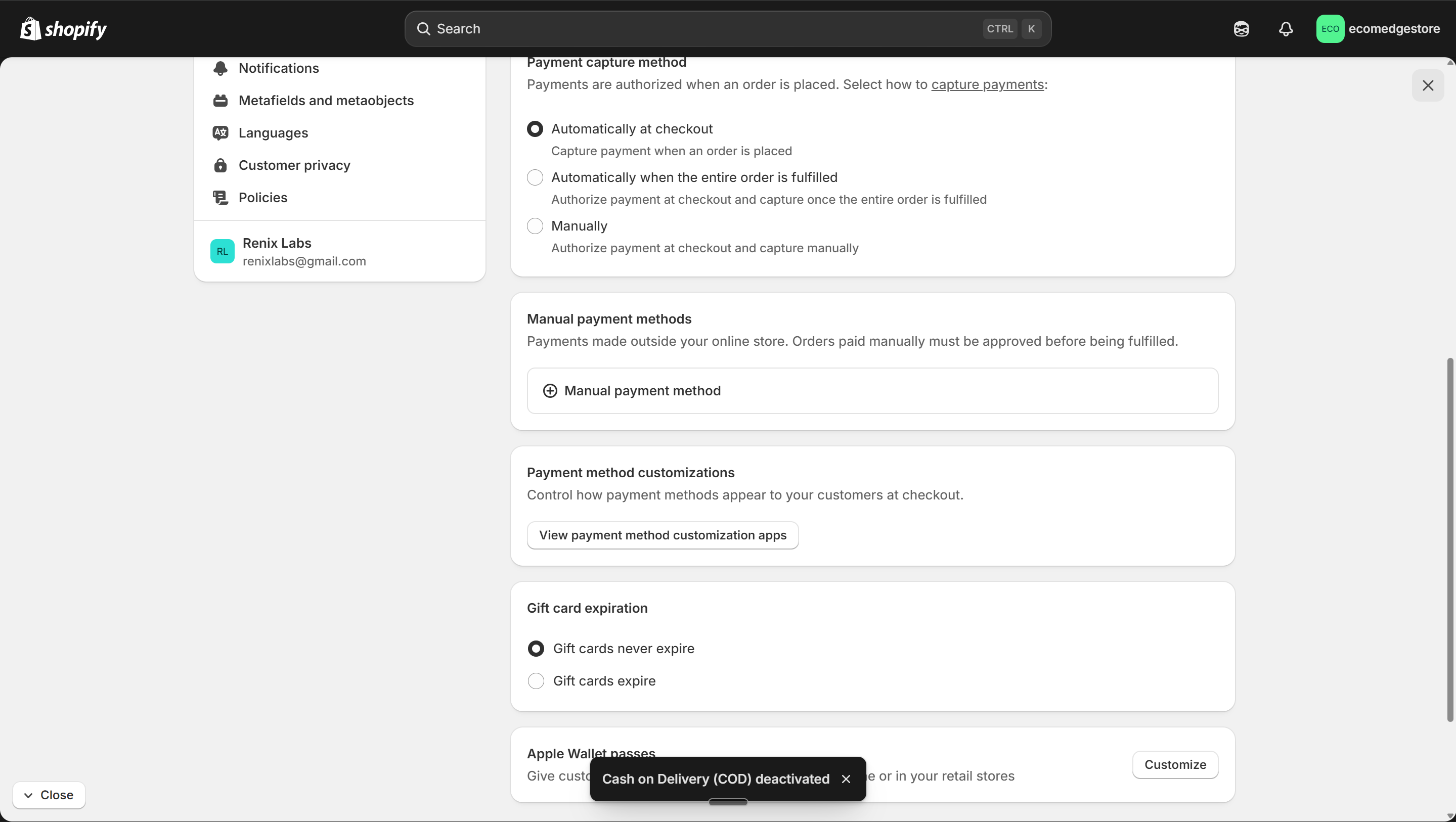 Payments page — payment capture and manual methods